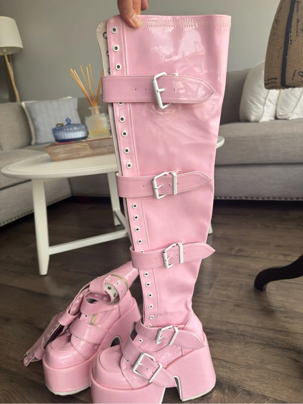 DEMONIA Platform Knee-High Buckle Boots - Pink